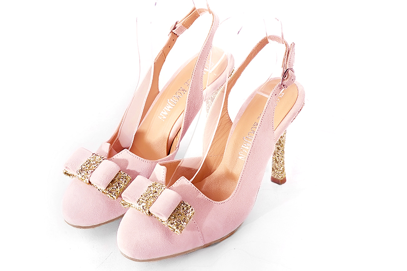 Light pink and gold women's open back shoes, with a knot. Round toe. Very high slim heel. Front view - Florence KOOIJMAN